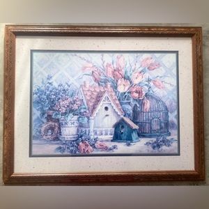 Birdhouses and Flowers Framed Print by Barbara Mock, Vintage Home Interiors